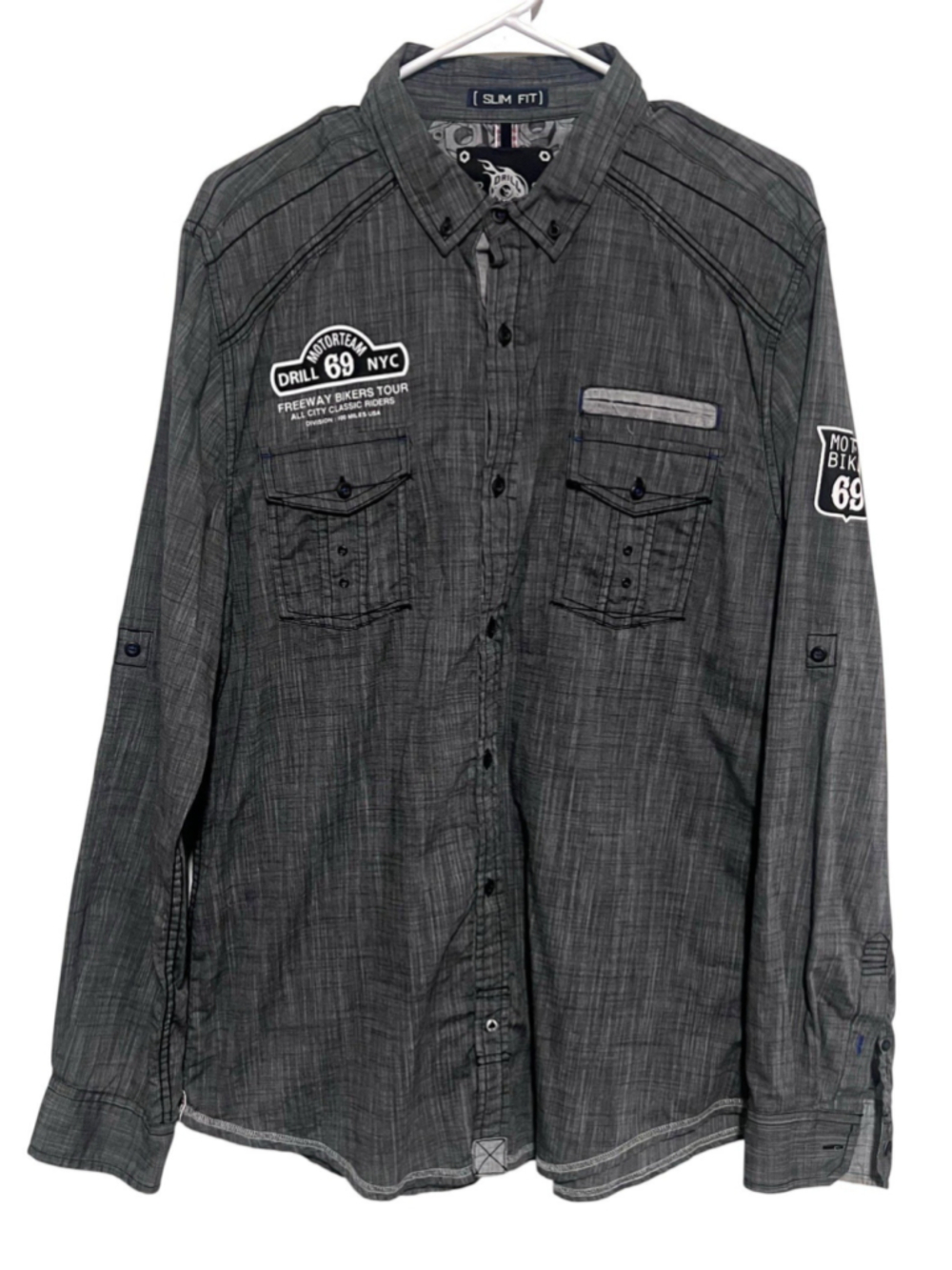 Drill Clothing Company NYC Gray Button Up Shirt Mens XL MotorTeam Freeway Bikers